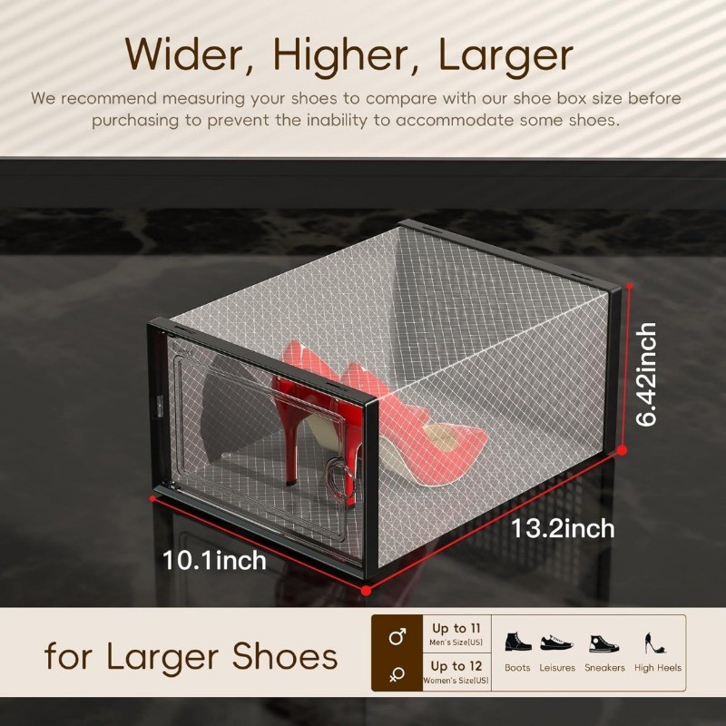 6/12 Pack XL Clear Drop Side Shoe Boxes Stackable Sneaker Storage Display Case