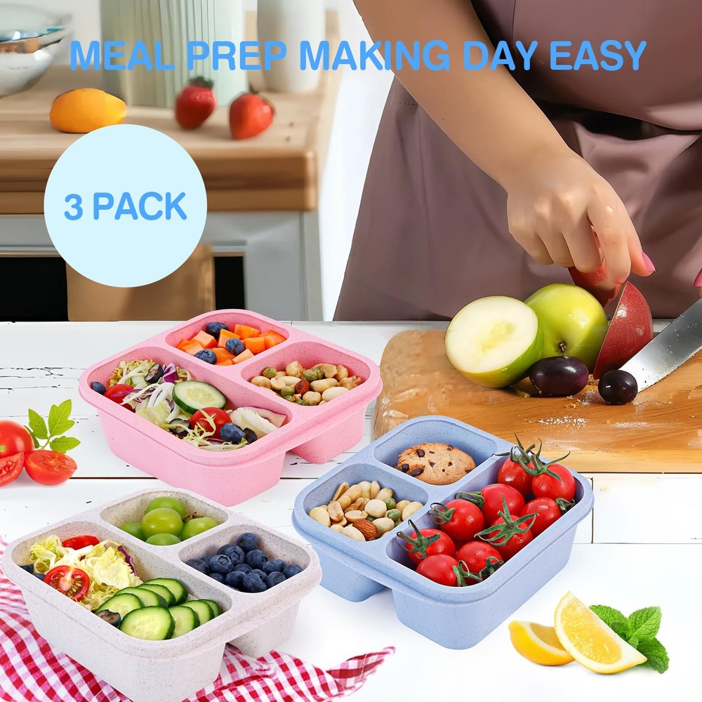 Bento Box [Portion Size], 3 Pack Snack Containers with 3 Compartments for Mea...