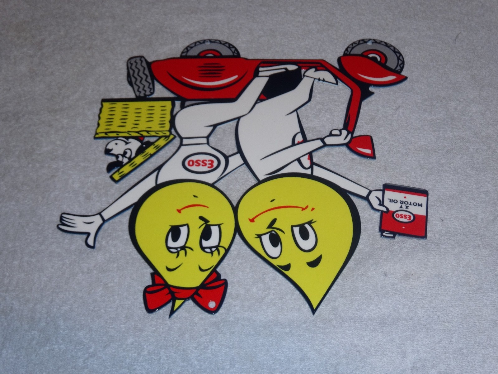 VINTAGE ESSO OIL DROP BOY & GIRL ON VESPA SCOOTER W/ DOG 12" METAL GASOLINE SIGN