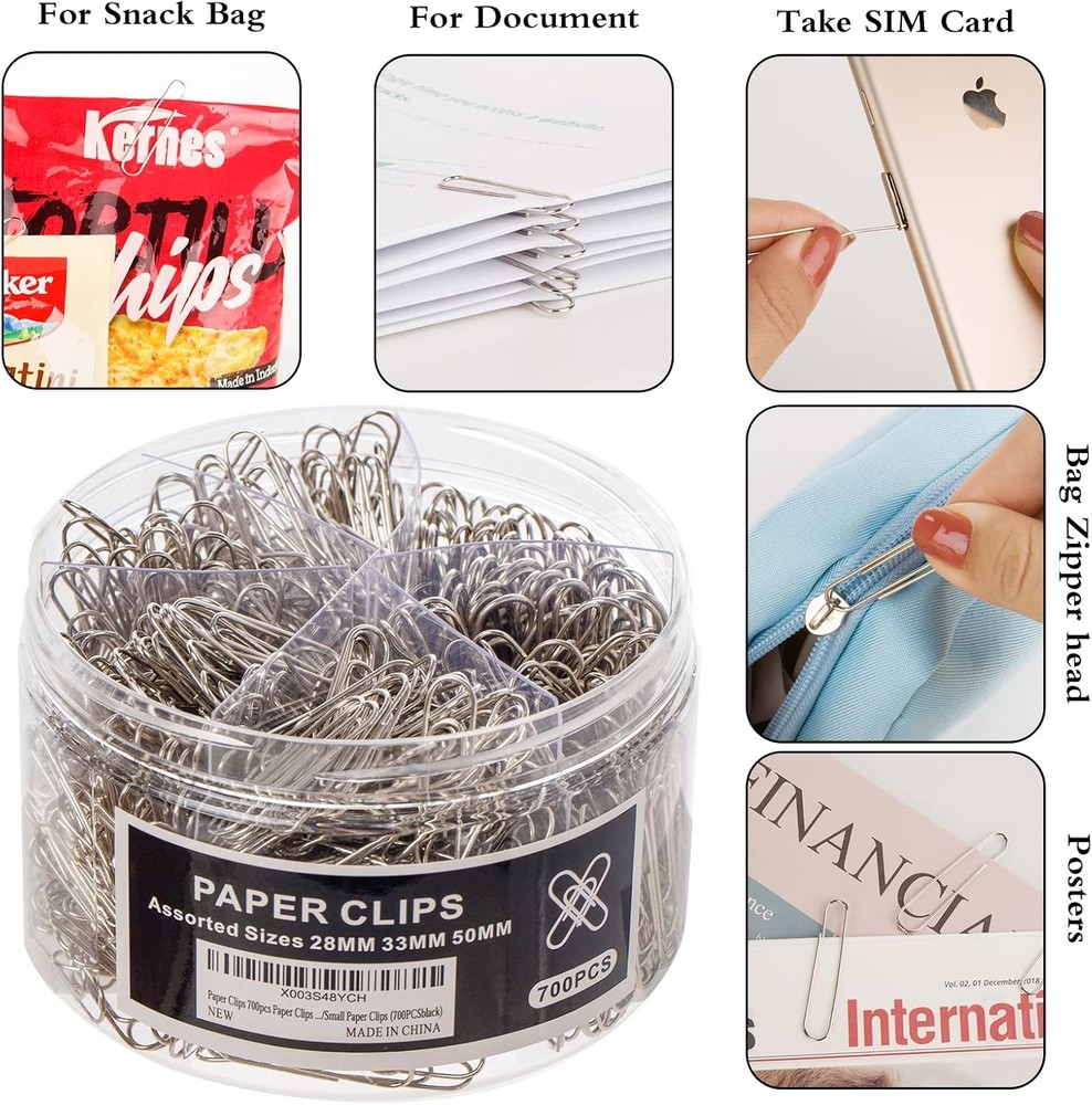 700Pcs Paper Clips Assorted Sizes, Packed in plastic container, Reusable