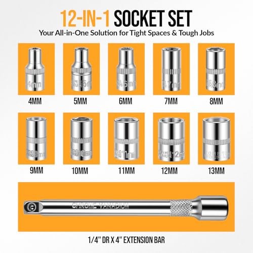 12PCS 1/4 Inch Drive Socket Set, Premium Mini Ratchet Socket Wrench Set, Small