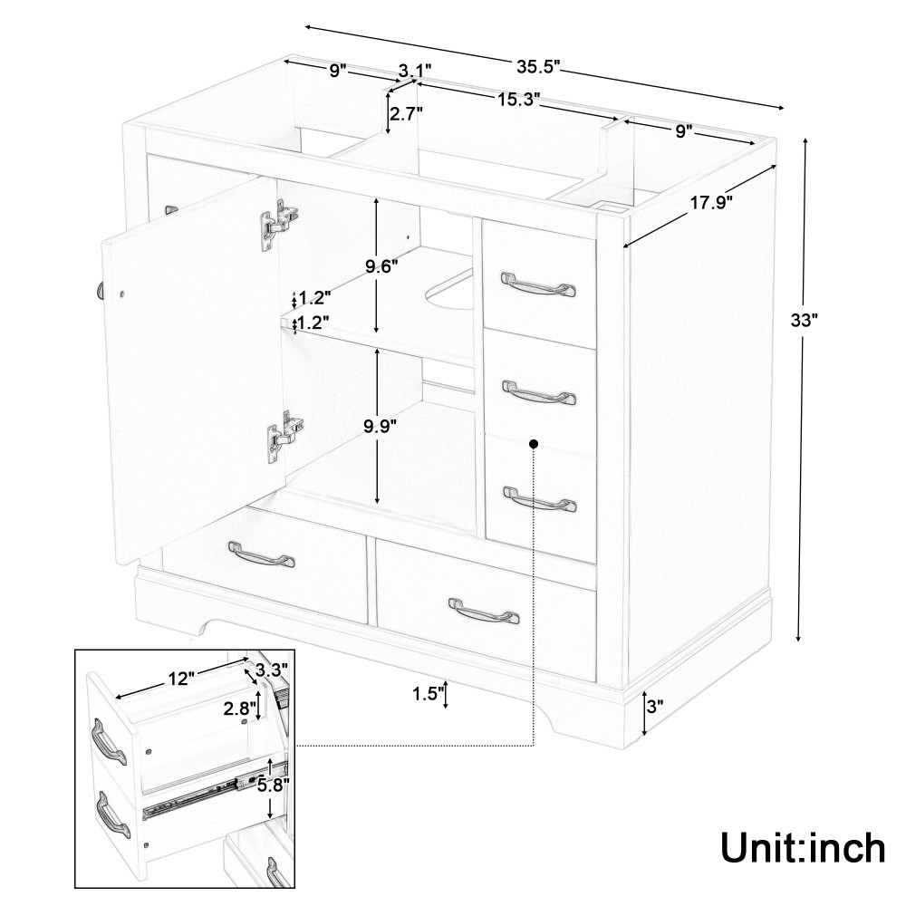 Bathroom Vanity Base Cabinet Six-Drawer Design Features Adjustable Shelves