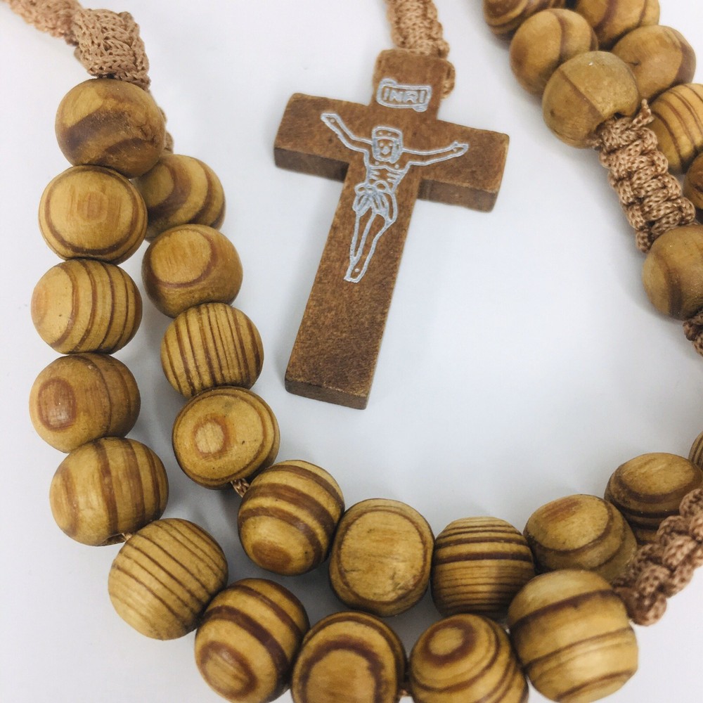 Handmade Macrame Rosary Catholic Natural Wood Beads Lead Free Vintage 4200