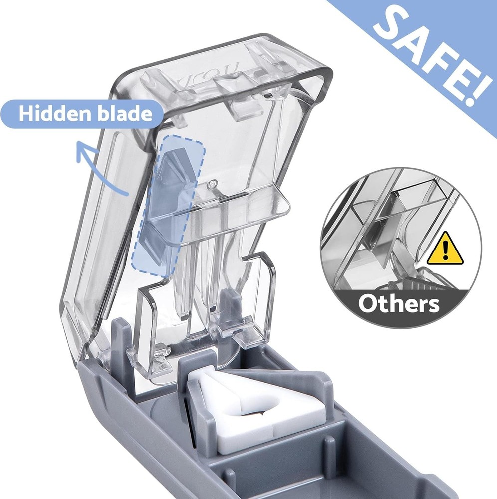 Compact Pill Splitter with Sharp Blade & 2 Large Organizers - Safe & Easy to Use