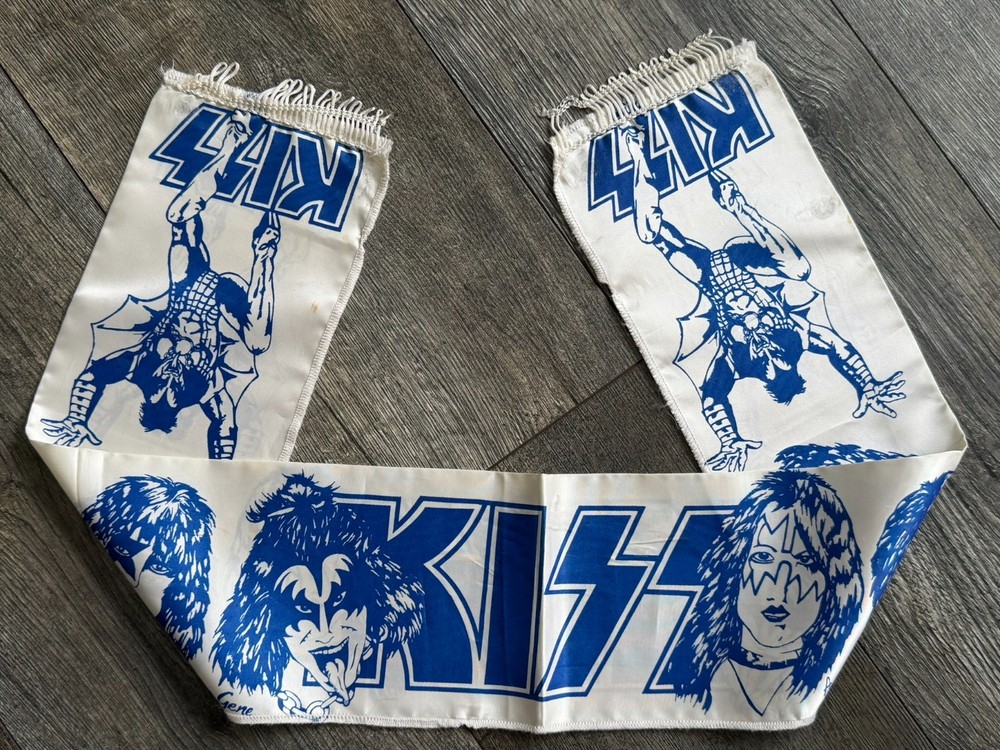 KISS Scarf Banner Europe 1980 White Blue 38" Vintage Kiss Aucoin Memorabilia