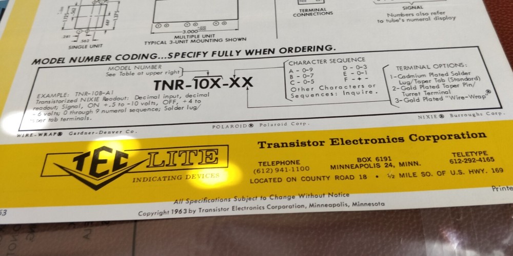 1963 TEC Digital Readout ~ Spec sheets ~ Transistor Electronics Corp TNR-10 -30