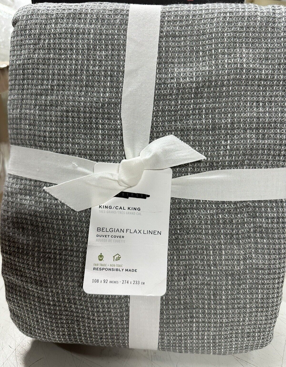 Pottery Barn Belgian Flax Linen Waffle weave  King Duvet Cover Light Gray