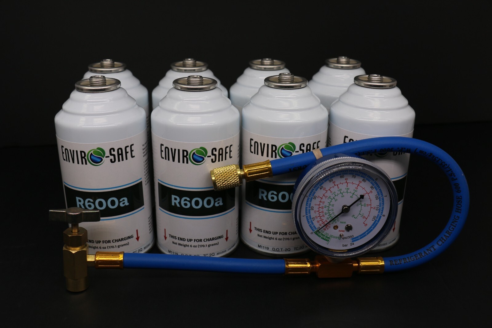Enviro-Safe R-600a Refrigerant Inverted Piercing 6 oz 8 Cans and Brass Gauge