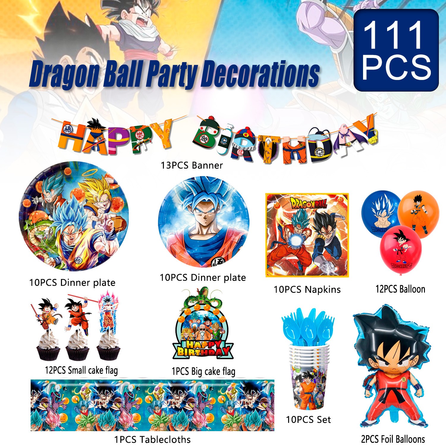 111Pcs Dragon Ball Z Goku Birthday Party Decorations Balloons Cups Plates Banner