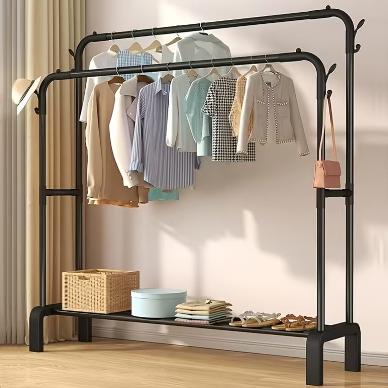 A Double-Bar Clothes Drying Rack with a Bottom Shelf