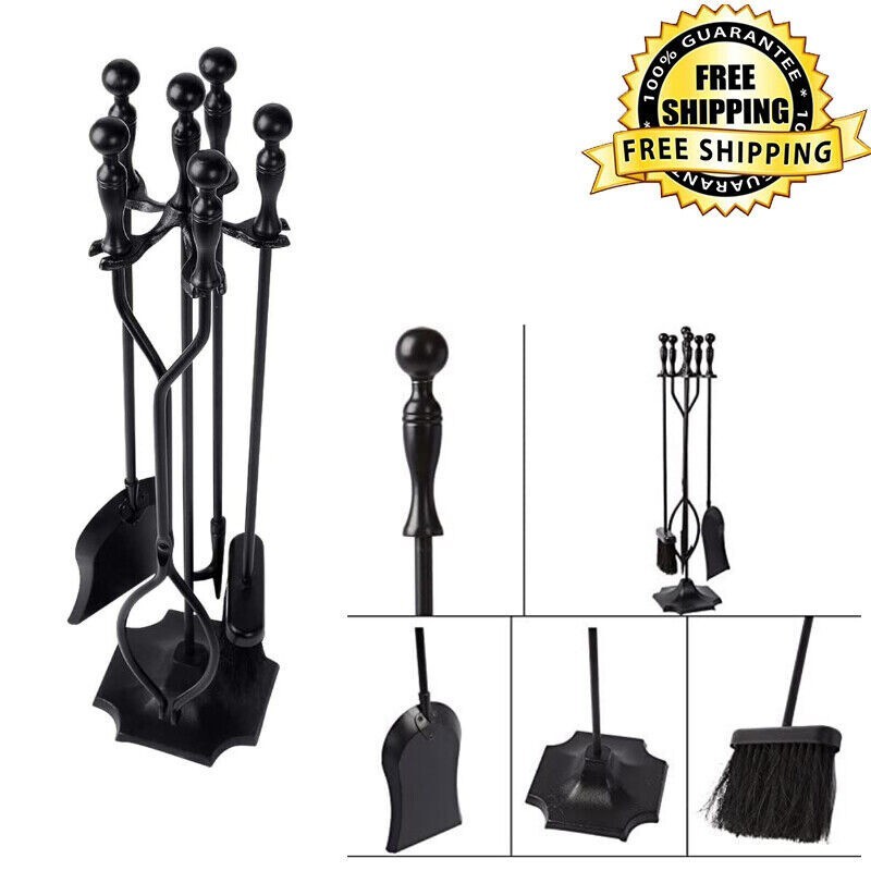 5 Pcs Fireplace Tools Sets Handle Wrought Iron Large Fire Tool Set and Holder