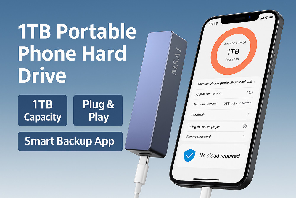 📱1TB Portable Hard Drive for iPhone & Android Plug & Play Smart Backup Storage