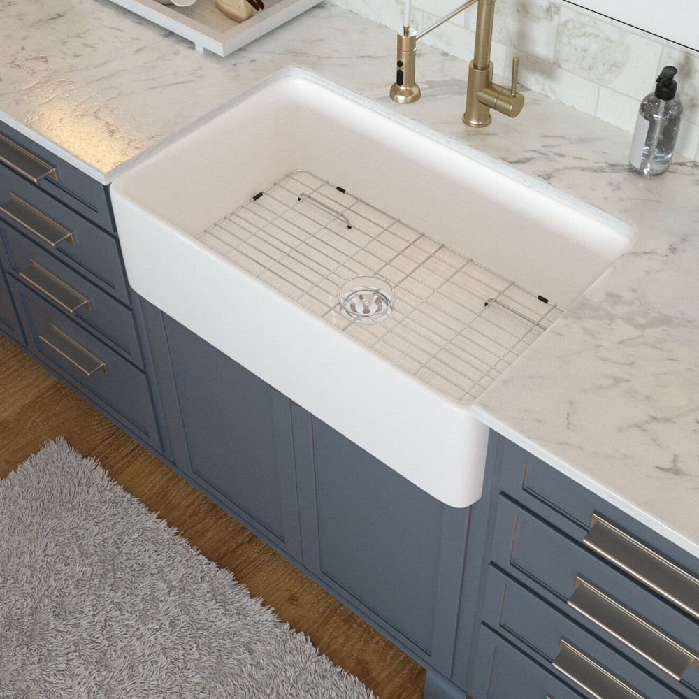 24''30" 33" Kitchen Sink Rectangular White Ceramic Apron Farmhouse Sinks W/ Grid
