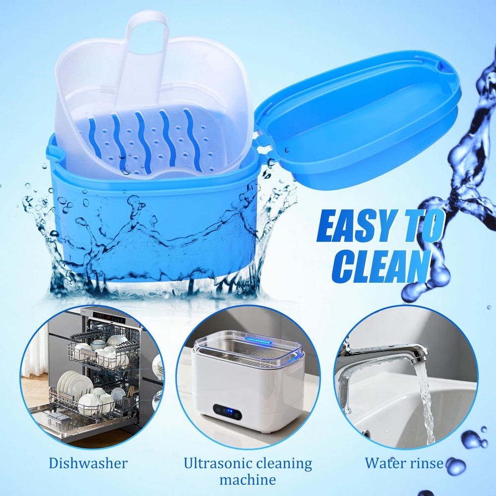 Nuogo 12 Pack Denture Bath Case Bulk with Strainer Basket Dark blue