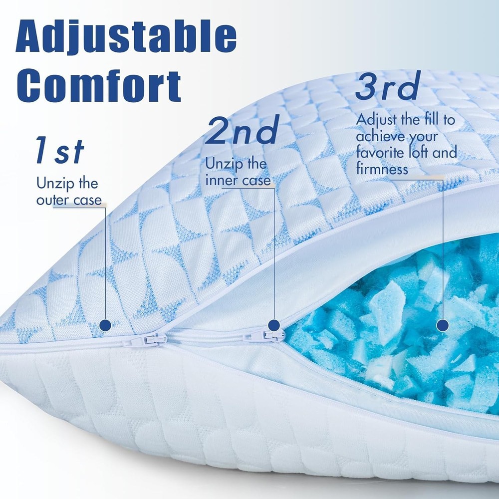 QUTOOL Cooling Firm Side Sleeper Pillow, Adjustable Shredded Memory Foam