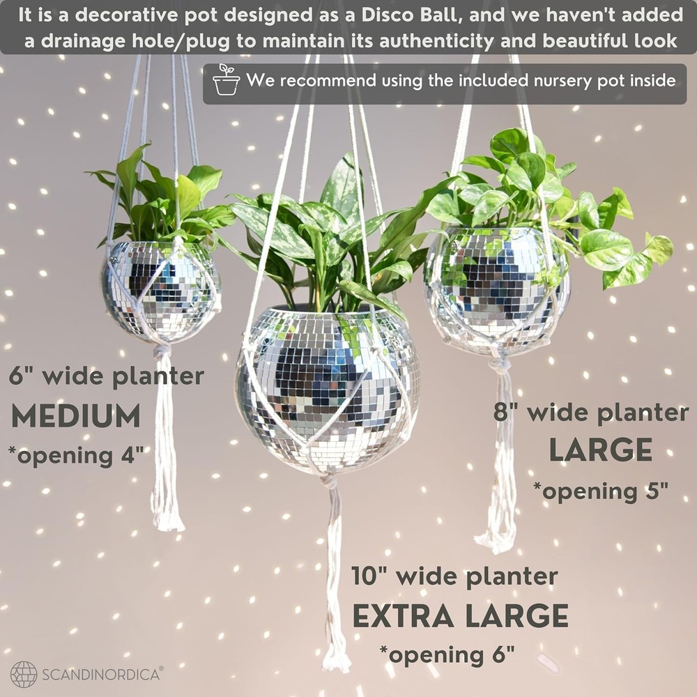 Disco Ball Planter with Macrame Hanger & Self-Watering Insert
