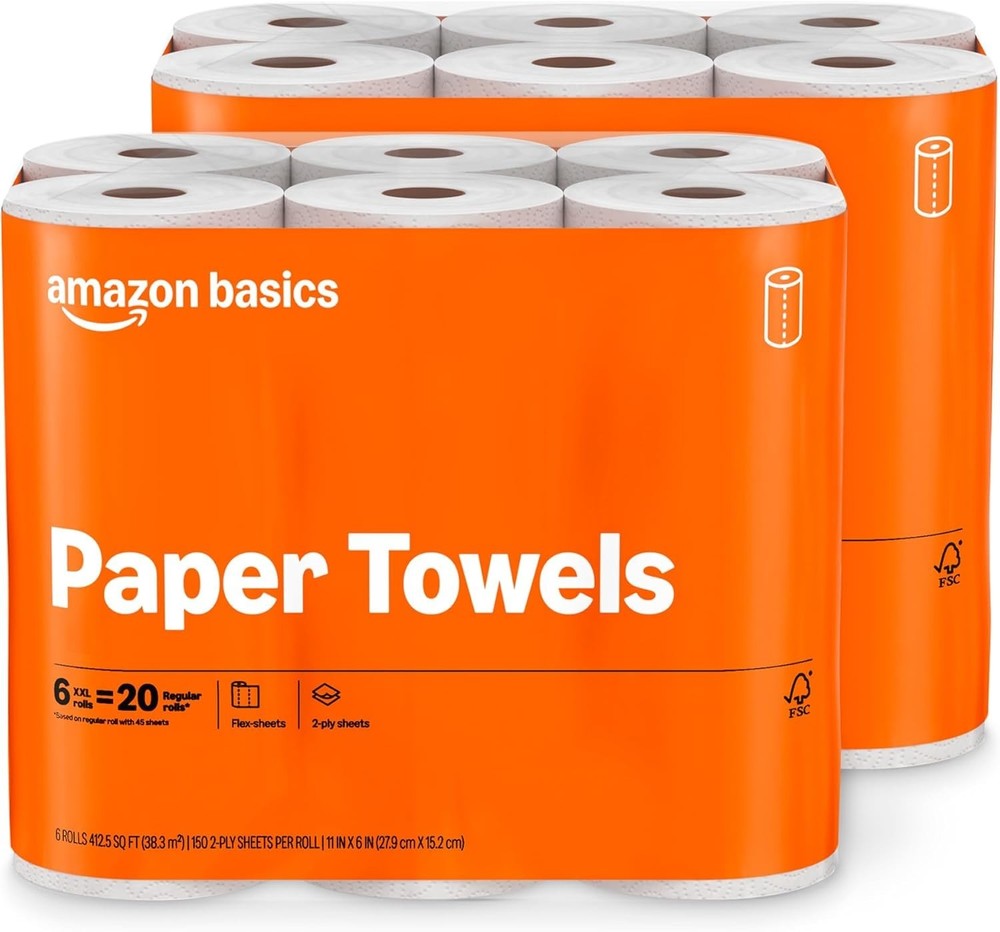 Amazon Basics 2-Ply Flex-Sheets Paper Towels, 12 Basics Rolls = 40 Regular Rolls