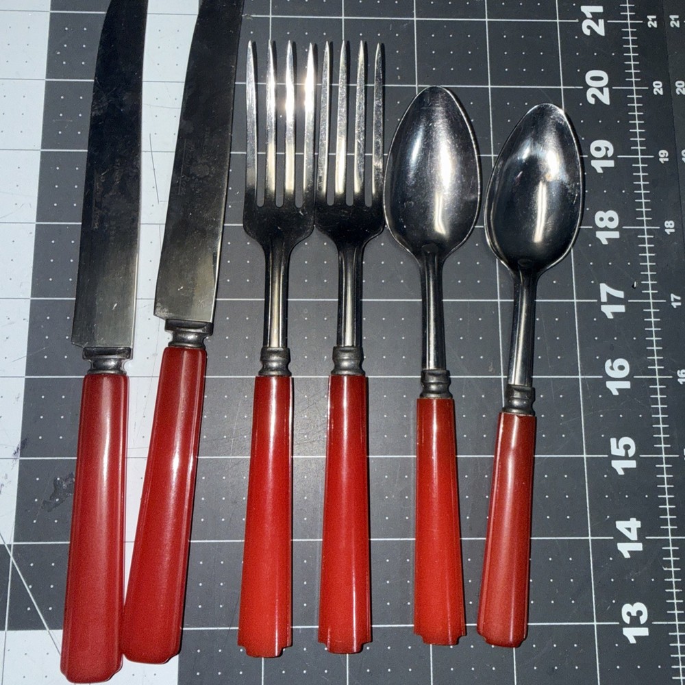 Vintage Cherry Red Bakelite  Stainless Flatware Knives Spoons Forks #2