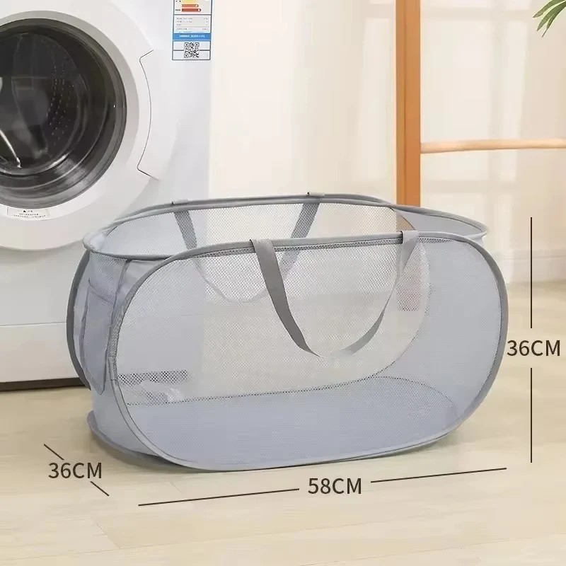 Durable Collapsible Mesh Laundry Basket Pop Up Hamper Foldable with Side Pockets