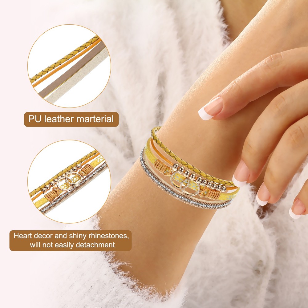 Leather Wrap Bracelets, Hand Woven Multilayer Stackable Boho, Yellow