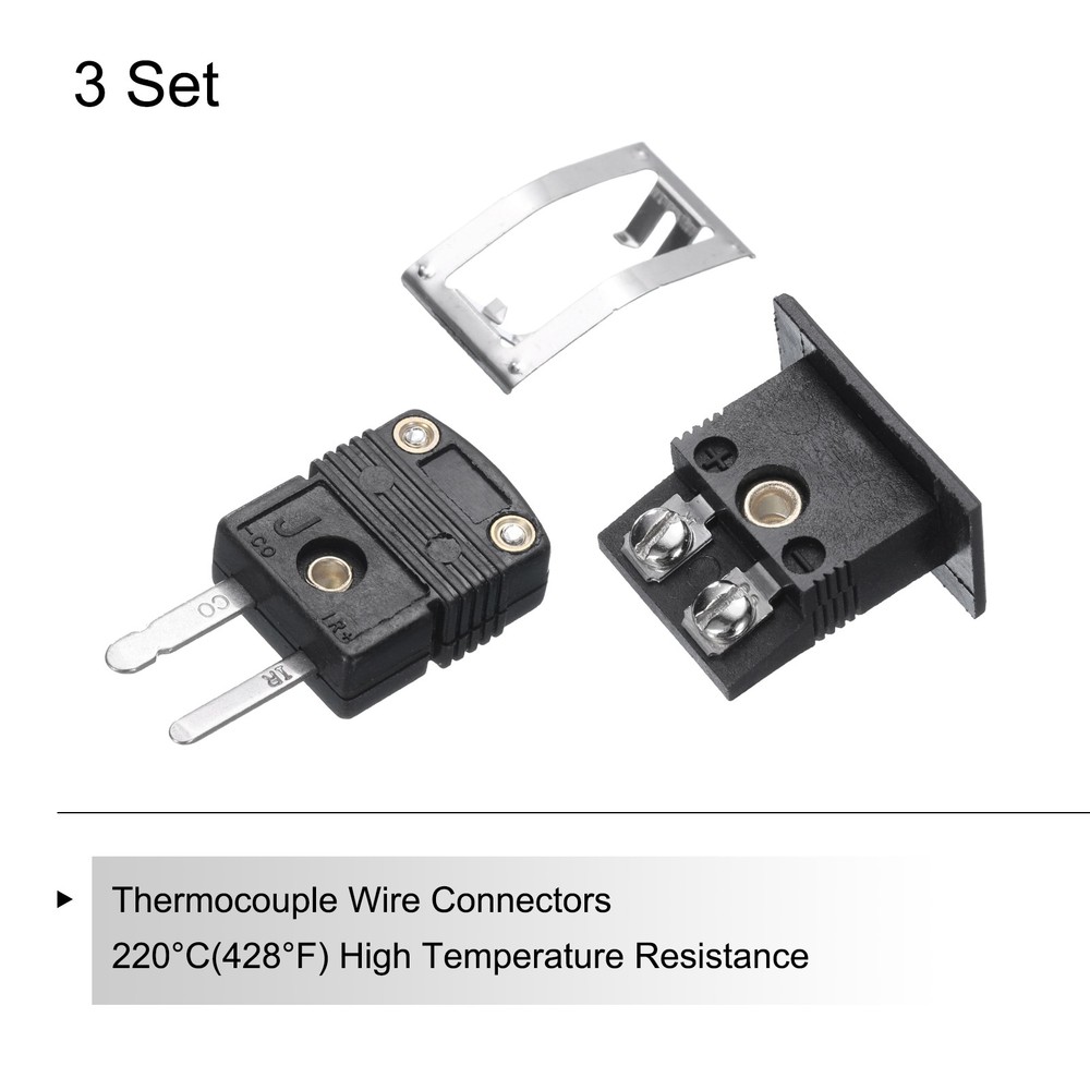 J Type Thermocouple Connectors Male Plug with Panel Mount Socket Black 3 Set