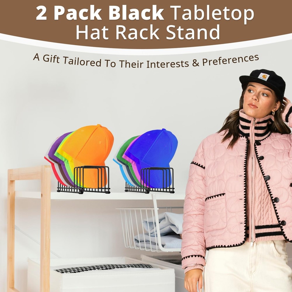 Baseball Cap Holder Stand, 2 Pack, Tabletop Display Rack For 20 Hats, Black