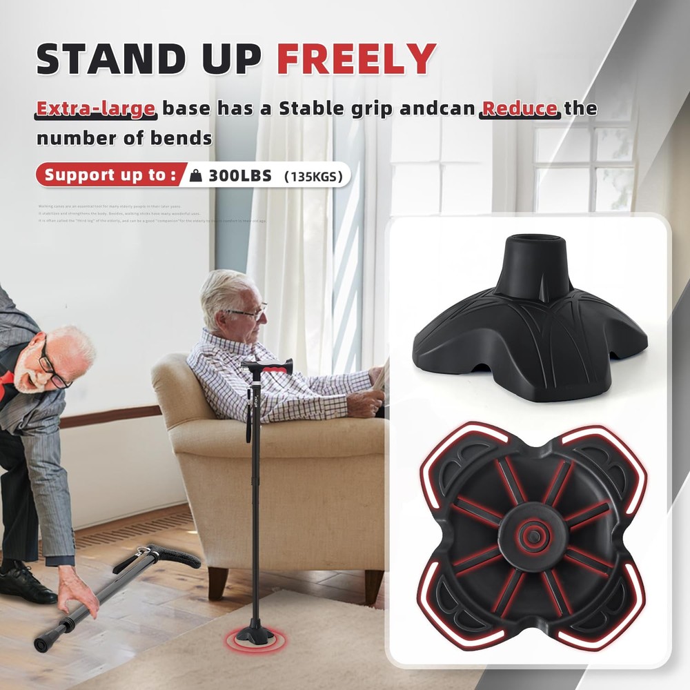 Folding Cane with 2 LED Lights, 8 Adjustable Heights, Solid Base - Comfortable