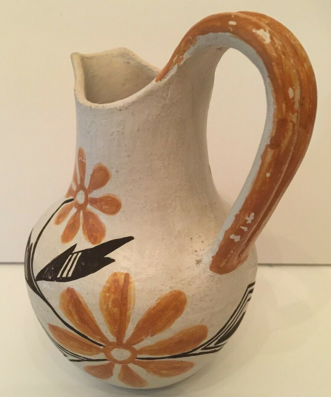 Vintage Acoma New Mexico Pottery Handmade Pitcher Hand Painted Floral 6" Tall