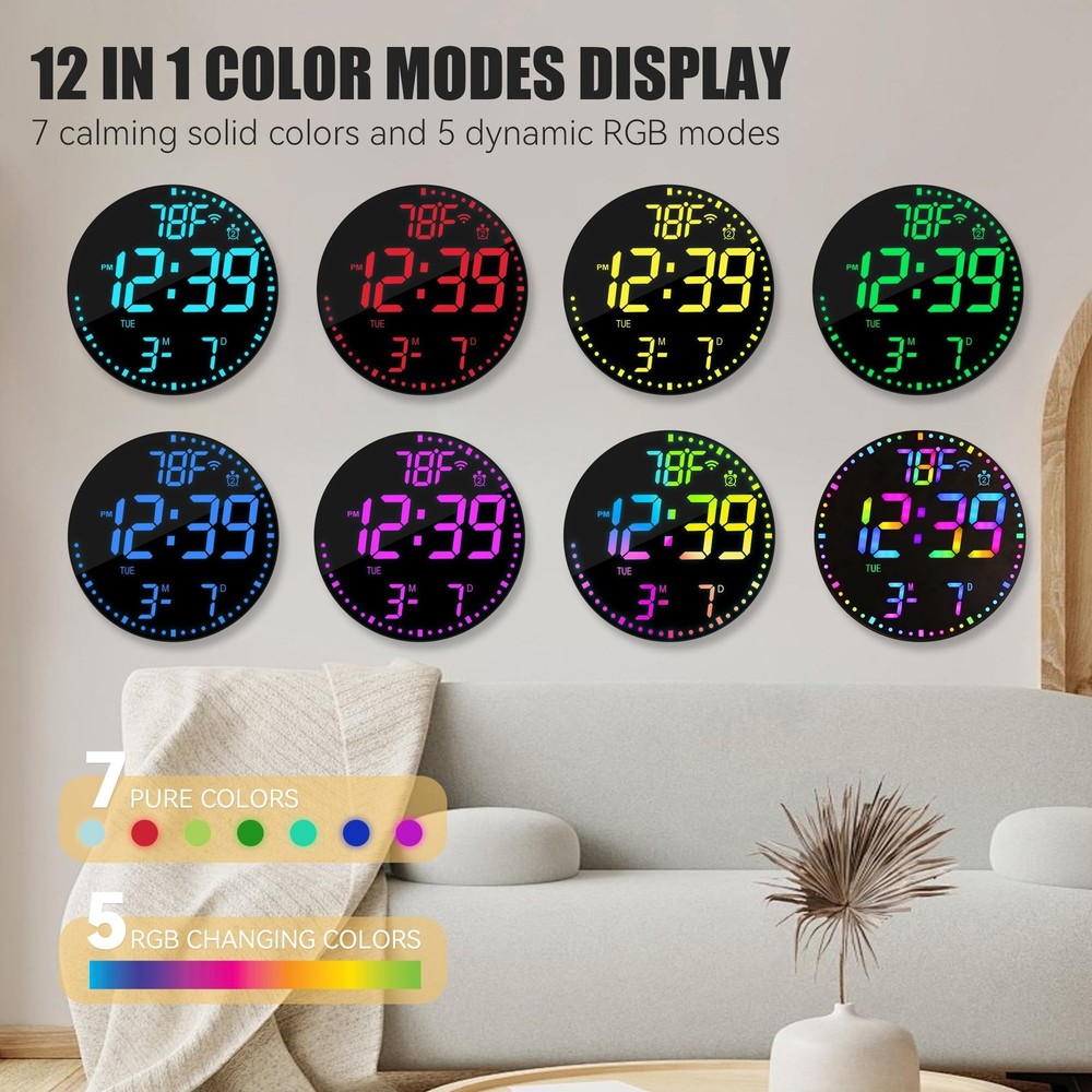 Kasbin 12” Digital Wall Clock with App Control, Large LED, WiFi Sync, Date