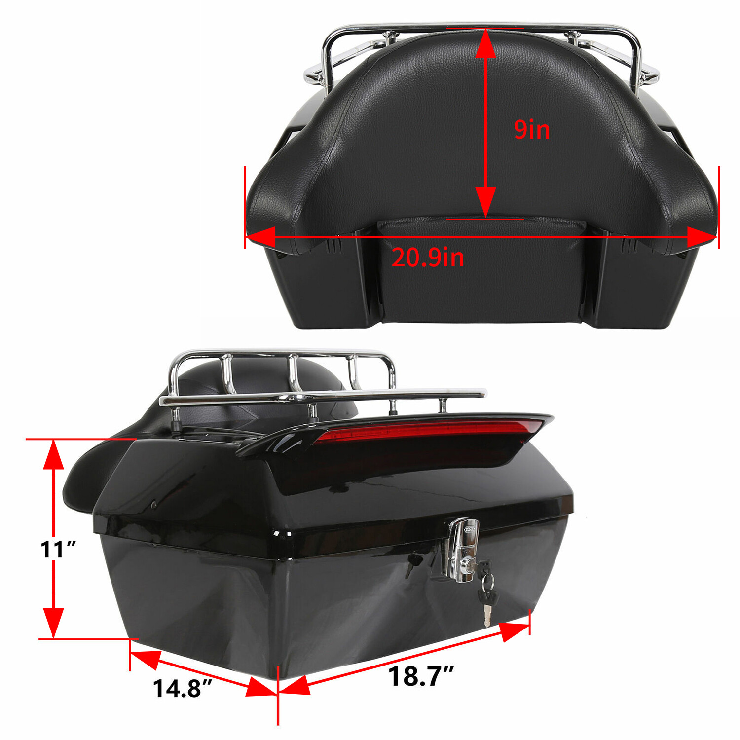 Black Motorcycle Trunk Tail Box Luggage Touring Pack Universal w/ Tail Light DMY