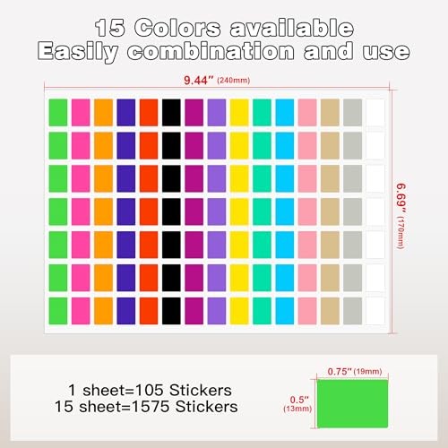 Pack of 1575 Rectangle Color Coding Labels,1/2" x 3/4" Rectangular 15 Colors