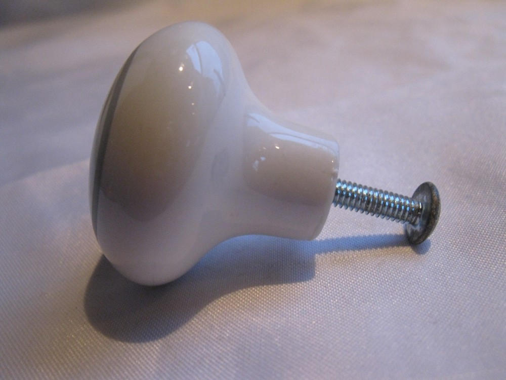 White Ceramic Drawer Pull Knob With Gray Grey Circle On Front With Screw