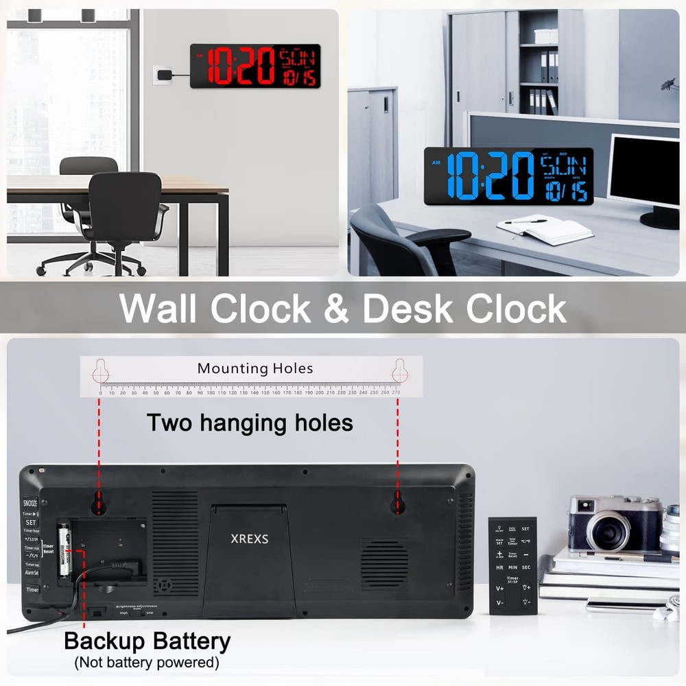 XREXS Large Digital Wall Clock with Remote Control, 17 Inch LED Large Display...