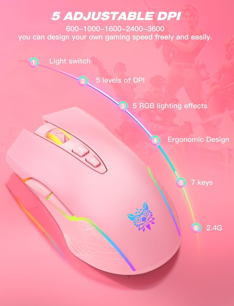 Wireless Mouse Ergonomic Optical RGB Backlit 6 Adjustable DPI 3600 Cordless