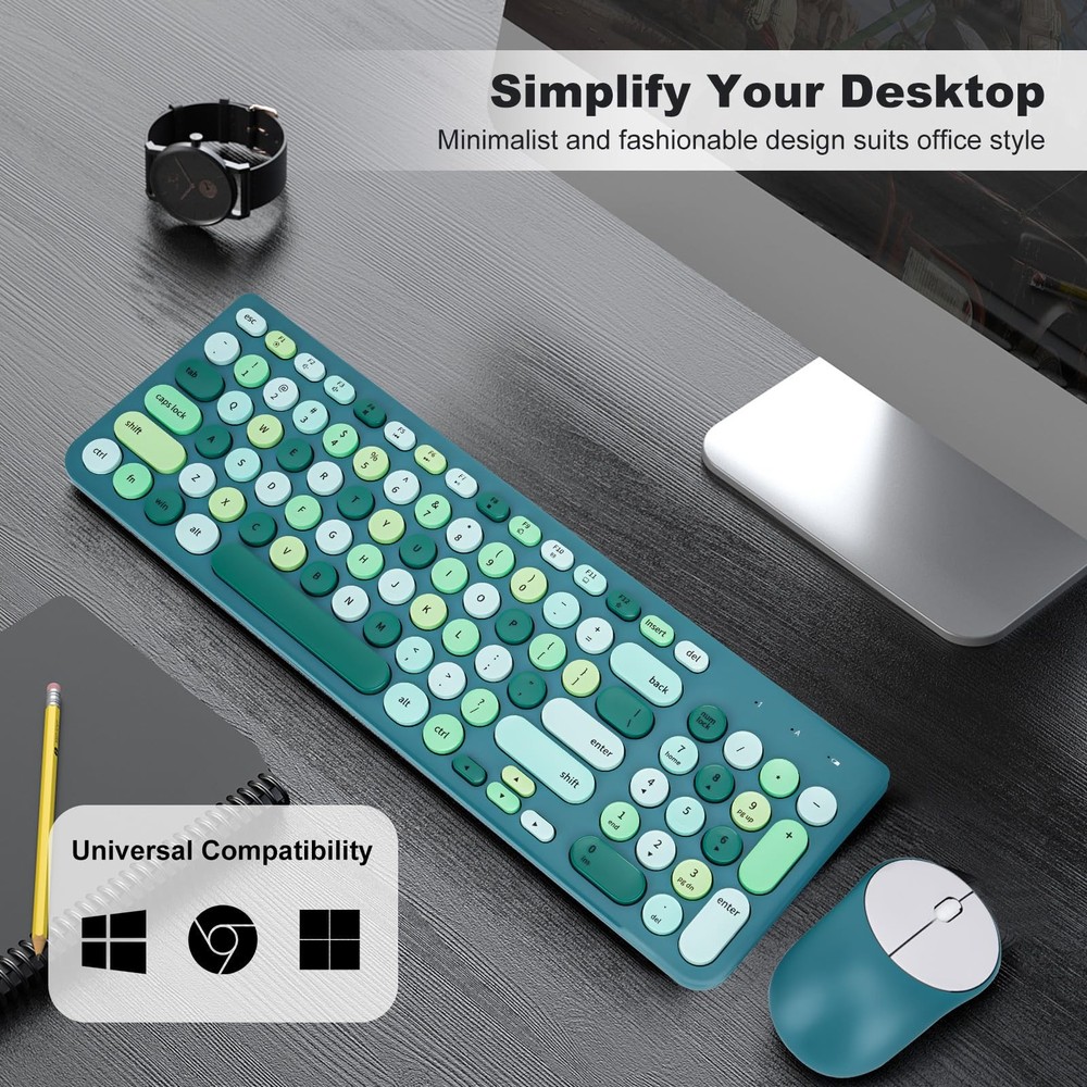 Wireless Keyboard and Mouse Combo Retro Typewriter Keyboard with Round Keycap...