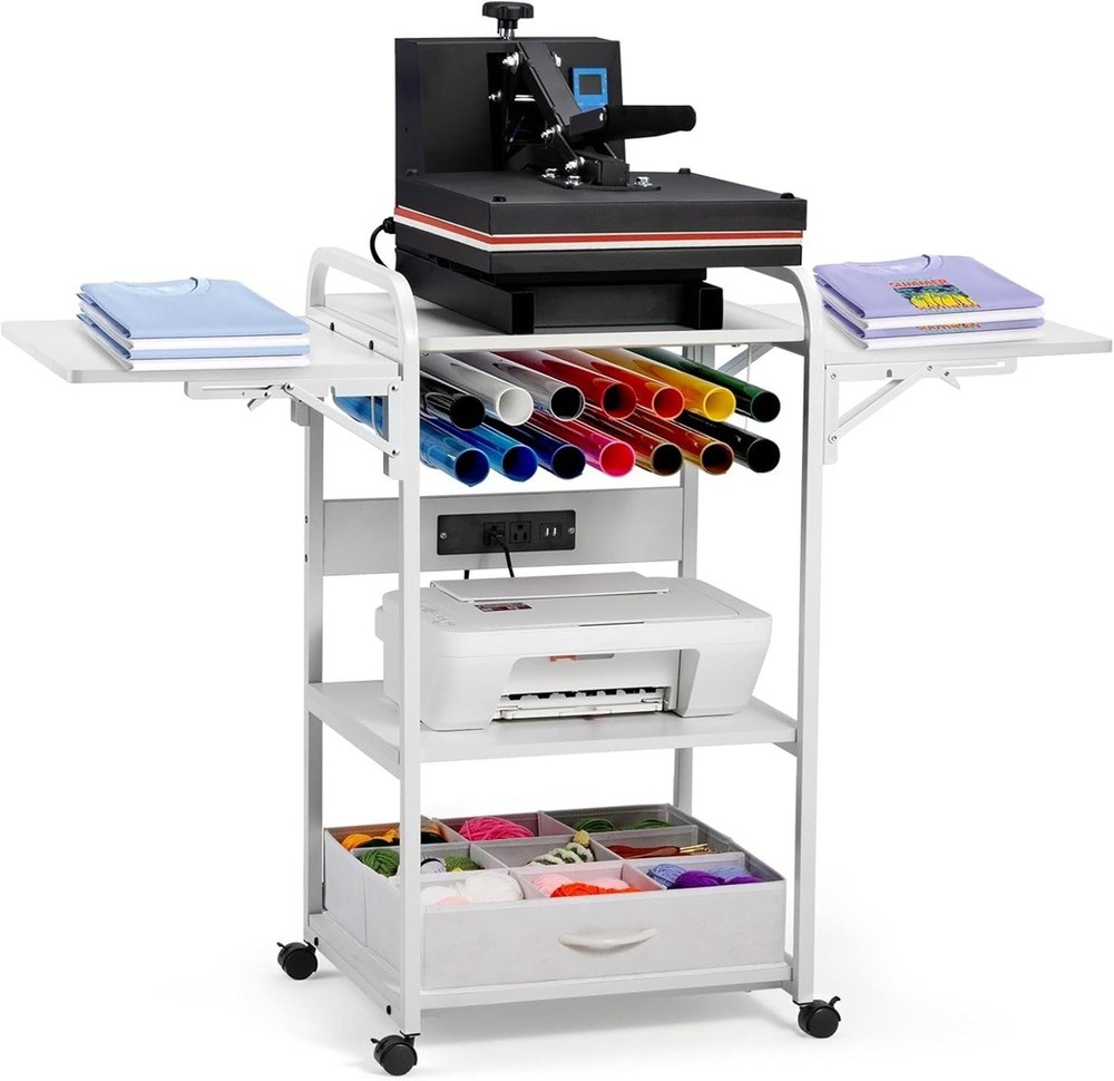 Olbrus 3Tier Movable Heat Press Table with Folding Shelf White