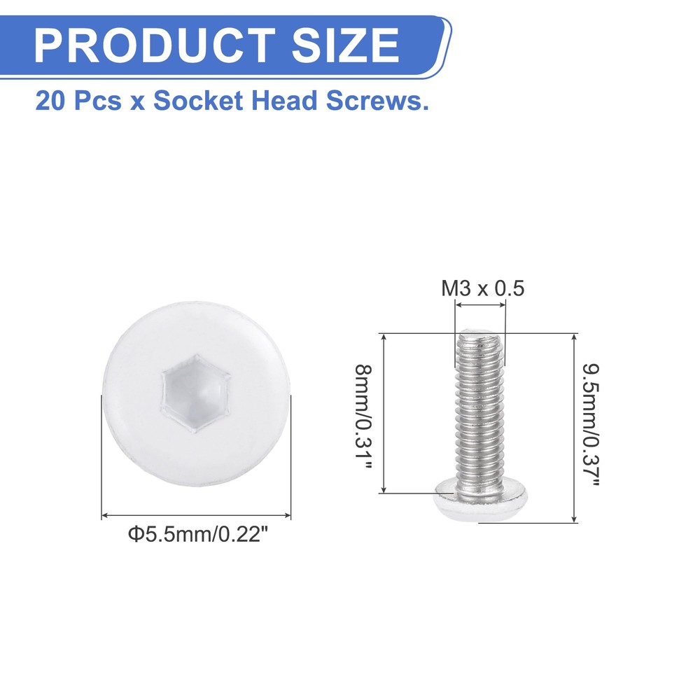 20 Pcs M3-0.5 x 8mm Button Head Hex Socket Head Screws, White
