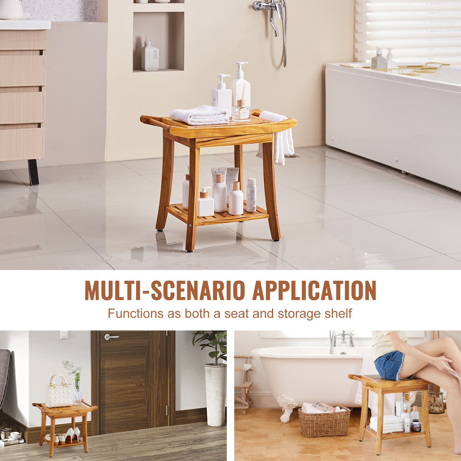 VEVOR Teak Shower Bench Wood Shower Stool Chair for Bathroom