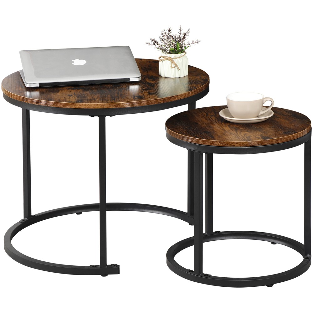 Set of 2 Nesting Coffee Table Round End Side Table for Small Spaces Rustic Brown
