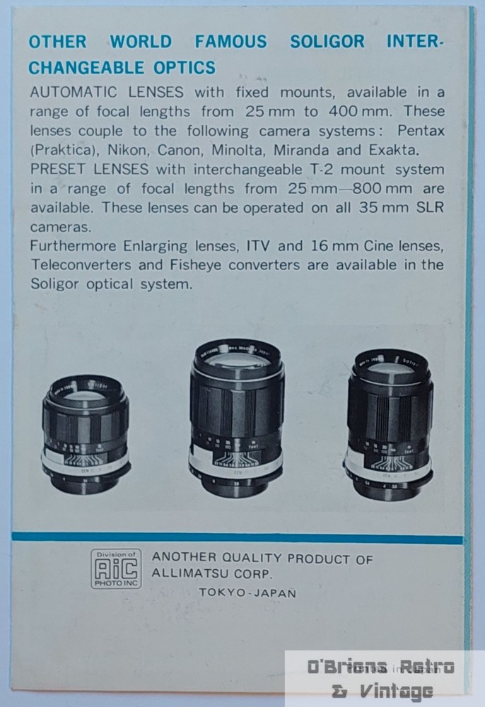 Soligor T4 Universal Automatic Lens System – Original Manual / Instructions