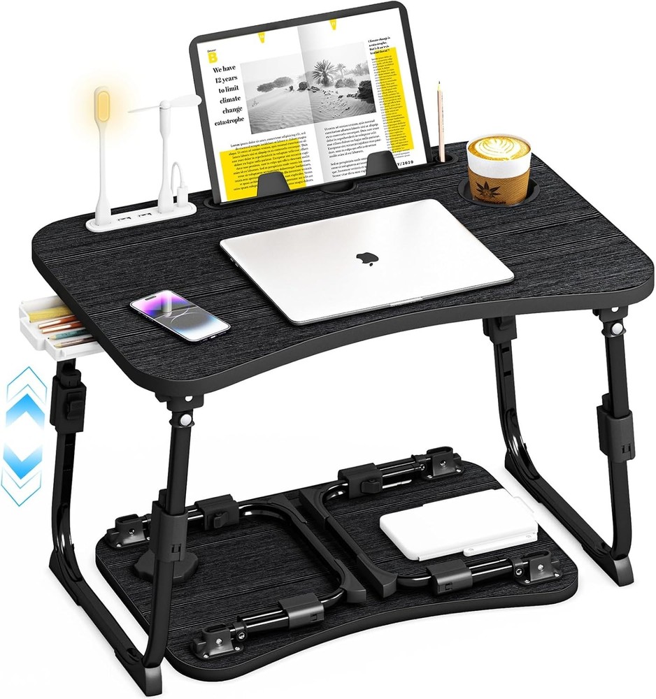 Laptop Table for Bed Adjustable Height Foldable With Storage Portable Lap Desk