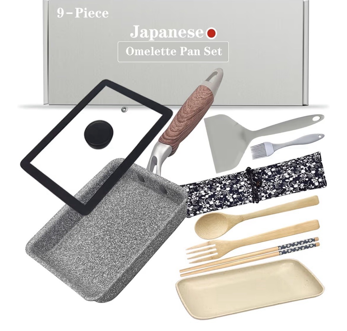 9Pcs Tamagoyaki Pan Set, Japanese Omelette Pan Nonstick with Lid, Square Japanes