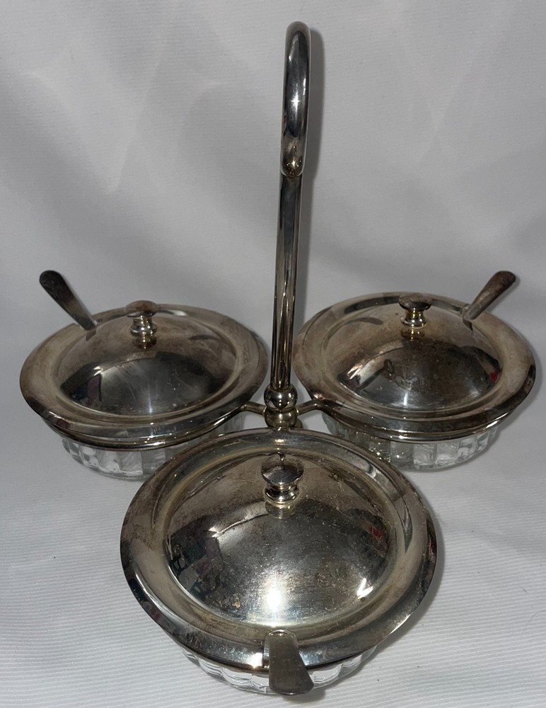Sheffield England Silver Plate Handled 3 Bowl W/Lids & Spoons Condiment Set