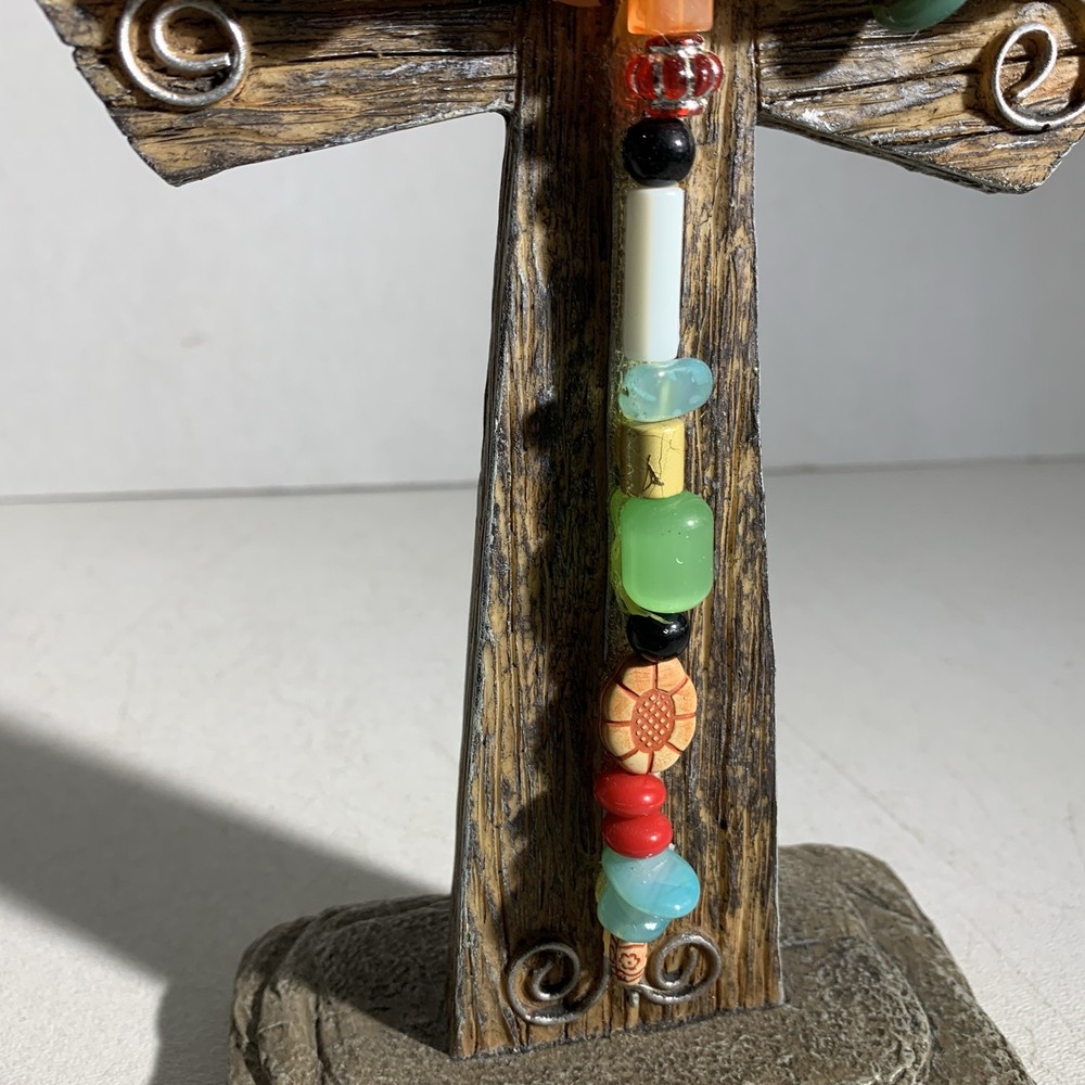 Small Boho Rustic Primitive Style Resin & Beads Standing Decorative Ornate Cross