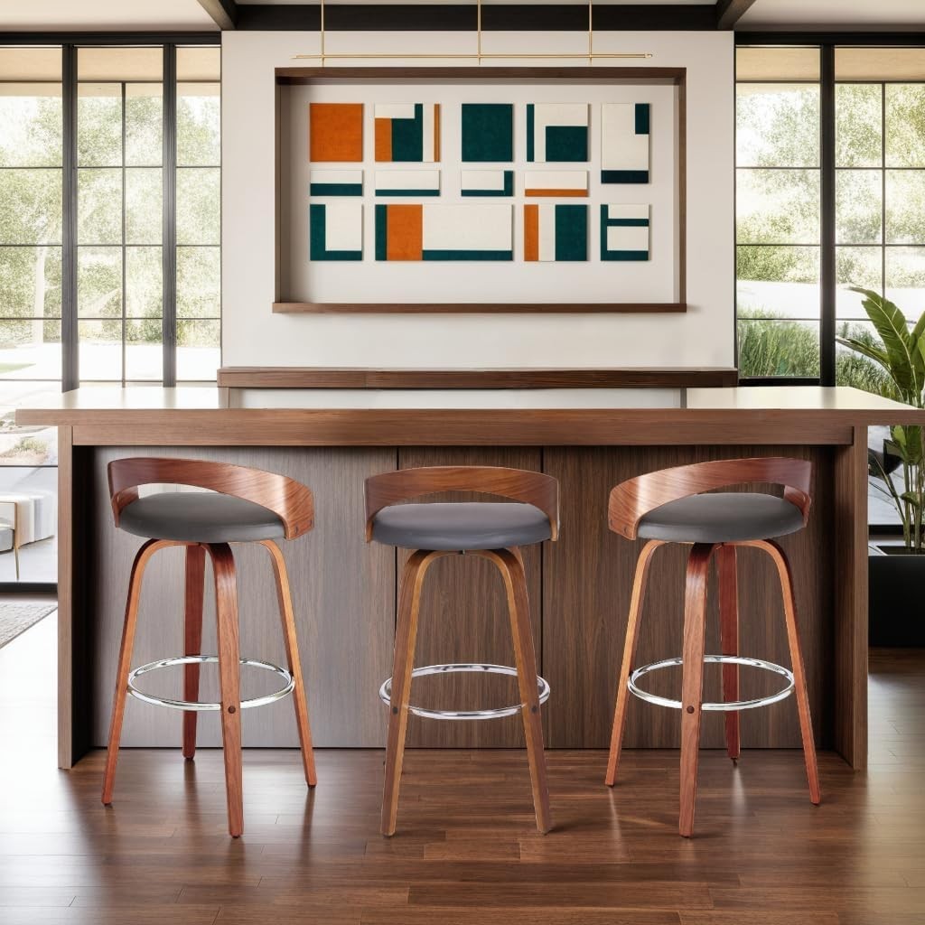 Armen Living Sonia 30" Bar Stool Swivel Gray Faux Leather and Walnut