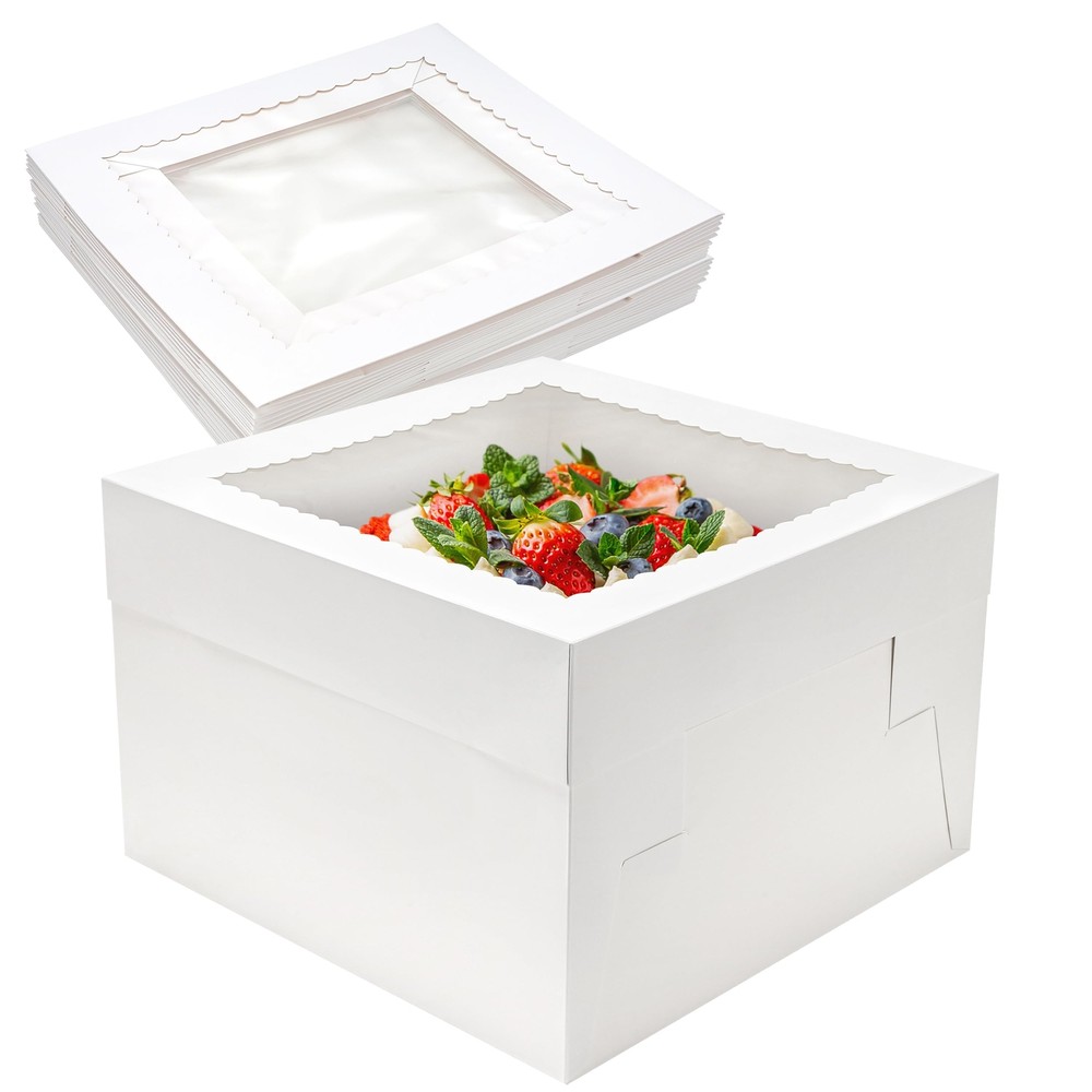 10 Pack Cake Boxes 12x12x8 Inch White Cake Boxes with Window Cajas Para Paste...