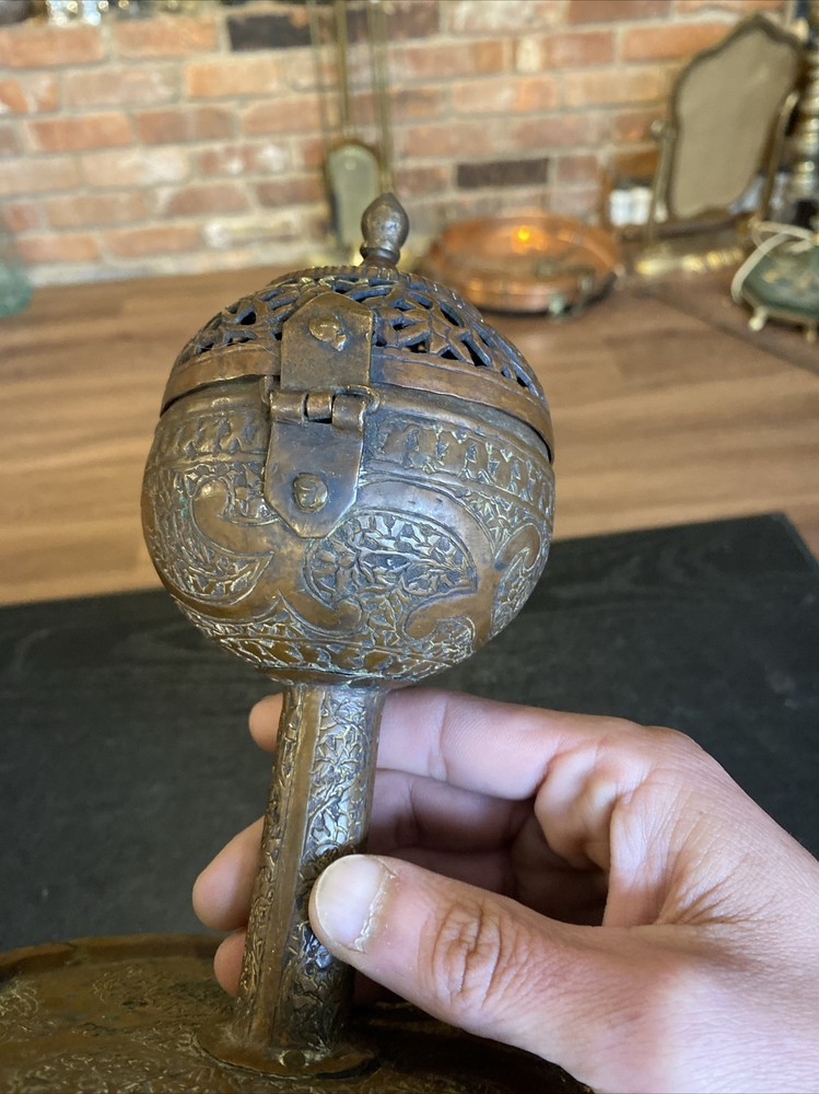 Antique Vintage Middle Eastern Hand Hammered Etched Copper Bronze Incense Burner