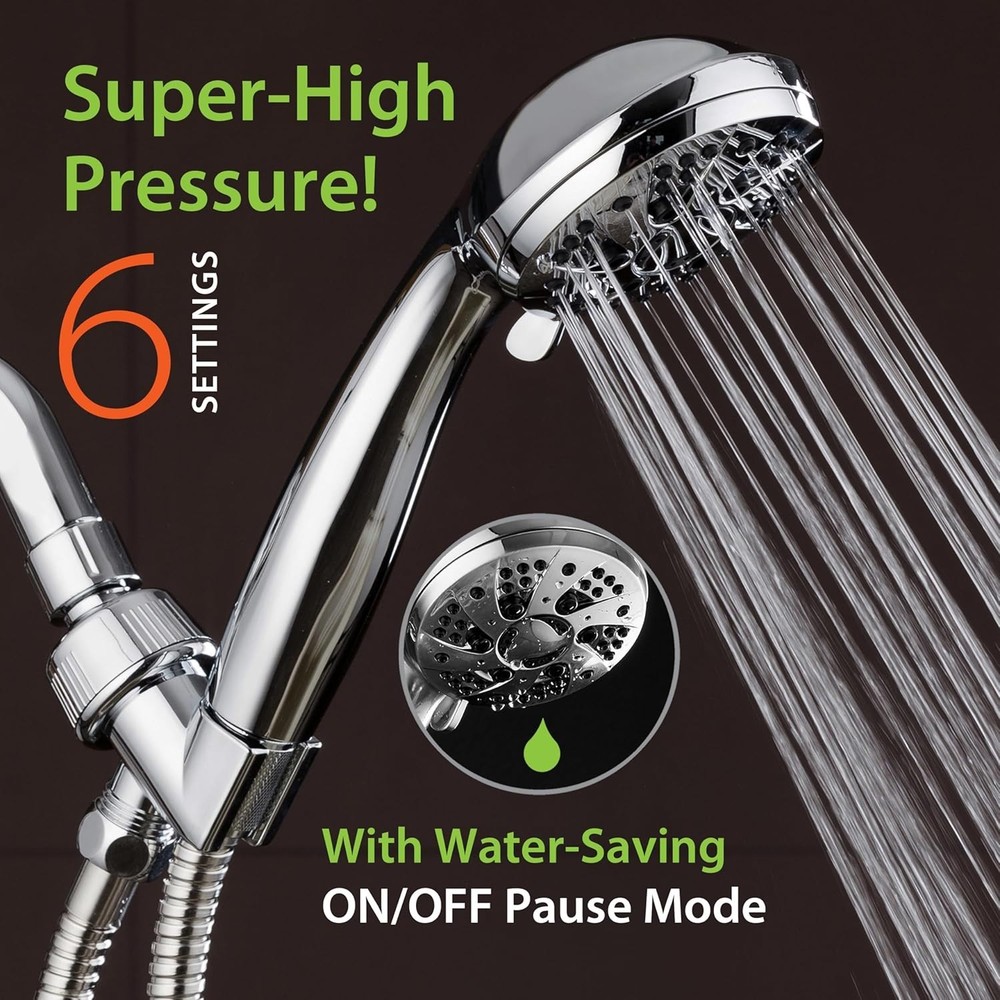 Effortless Installation 6-Setting Handheld Shower with Flex Hose & Chrome Finish