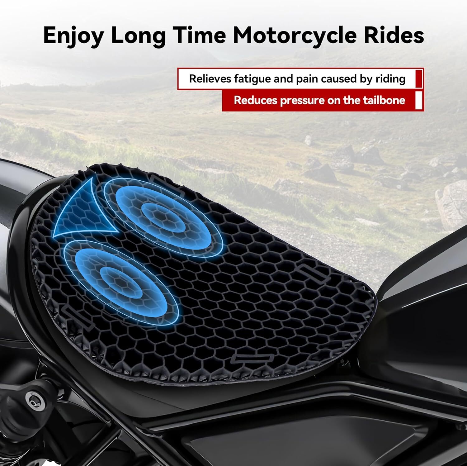 Black Motorcycle Seat Cushion Comfort 3D Gel Pad Cover Universal TOP!!