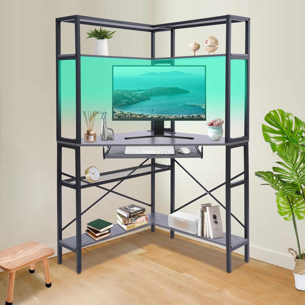 Triangular Computer Desk W/ Led Lights and Power Outlet, Home Office Corner Desk